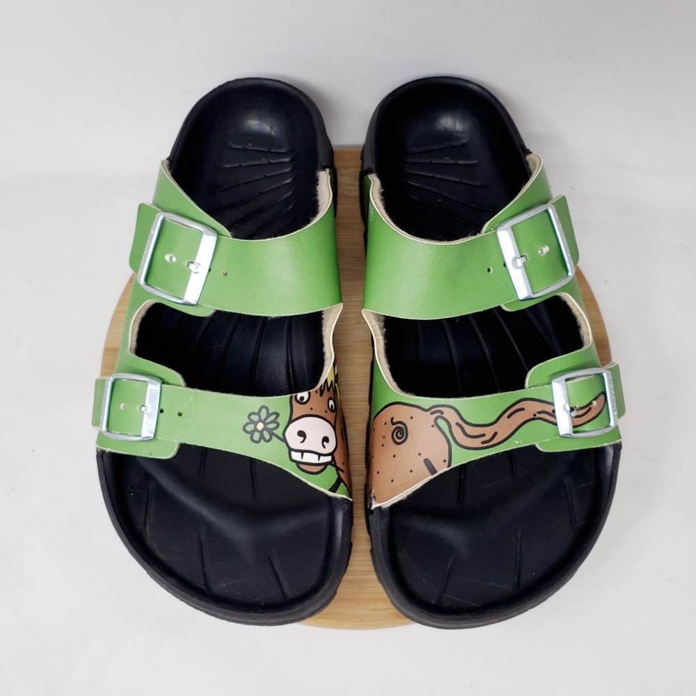 Birkis Woodby Sandals 40 Womens 9 Green Horse Print Buckles Straps Slide Shoes